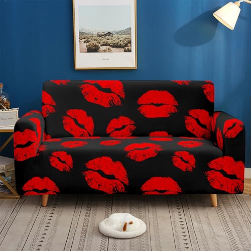 Funda Sofa 2 Plazas Marcas De Beso Funda Cubre Sofa Ajustable Elasticas,Extraíbles Lavables Antideslizante Protector Cubiertas de Sofá,Sala de Estar
