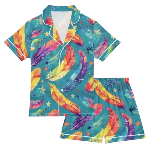 Rainbow Feather Pajamas Set Summer Button Down Sleepwear Pjs Sets Comfy Loungewear