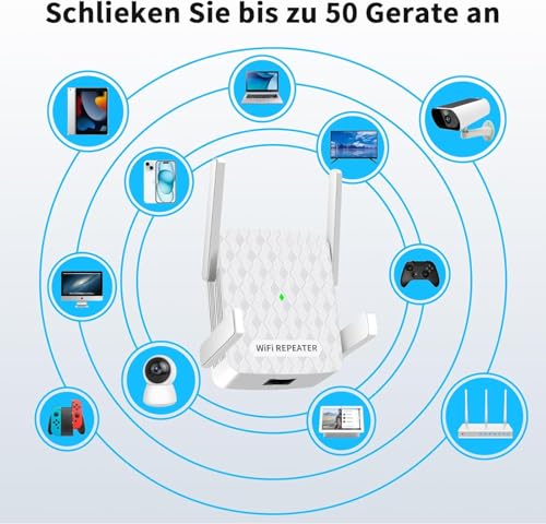 WLAN Verstärker, 1200Mbit/s WiFi Repeater Dual Band 5GHz + 2.4GHz, WiFi Verstärker deckt bis zu 200 m², WiFi Booster mit Ethernet Anschluss, Unterstützung WPS, Kompatibel zu Allen WLAN Geräten