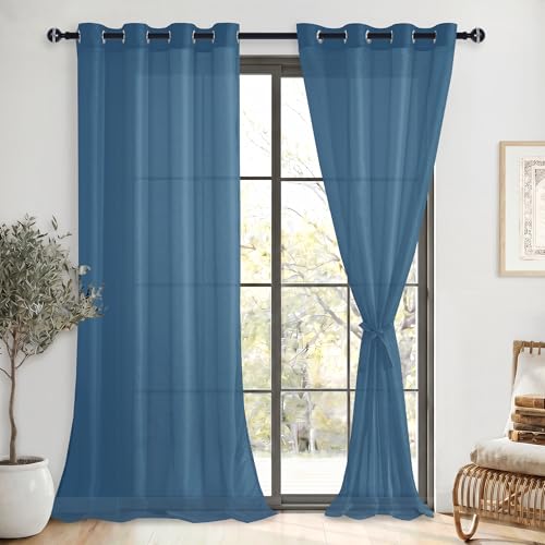 DWCN Lot de 2 Rideaux Voilages à Oeillets pour Fenêtre, Rideau Transparents avec Embrasses pour Salon Chambre d'enfant, Bleu Foncé, 140x240cm (Largeur x...