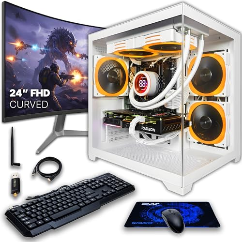 Image of SAAV Drex Prebuilt Gaming PC Bundle Desktop Tower Intel Core i7-12700KF Radeon RX 9060 XT 8GB GDDR6 Curved 24in Monitor 32GB DDR4 1TB NVMe SSD WiFi 6 Windows 11 White RGB Computer PC Gaming