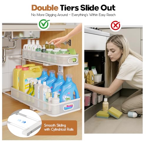Image of 2 Pack 21.3IN-Depth Under Sink Organizer with Smooth Cylindrical Rail,2-Tier Pull Out Multi-Purpose Cabinet Storage for Bathroom&Kitchen,Height Adjustable,Rust-Resistant Coating-White