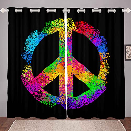 Feelyou Hippie Peace Art Curtains Peace Sign Artwork Boys Kids Window Curtains for Bedroom Living Room Colorful Tie Dye Windows Drapes Rainbow Room Decoration,42 X 84 Inches,2 Panels