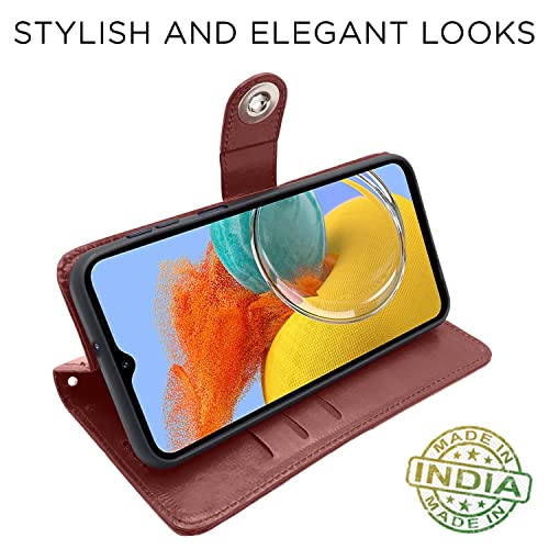 Image of Pikkme Samsung Galaxy M14 5G Flip Cover Leather Finish | Inside TPU with Card Pockets | Wallet Stand and Shock Proof | Complete Protection Button Flip Case (Brown)