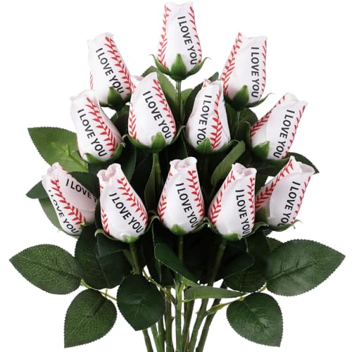 Suhine 12 Pcs Artificial Baseball Rose Flower Gifts for Fathers Day Flower Coach Boyfriend Boyfriend Sports Party Favors Bulk for Birthday Wedding Party Centerpieces(Love Color Normal)