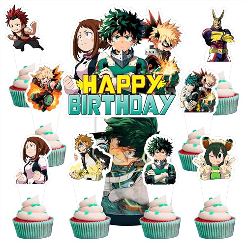 25pcs Cartoon For Academia of My Hero Birthday Decorations with 24pcs Cupcake Toppers 1pcs Cake Topper for Birthday Party Supplies.