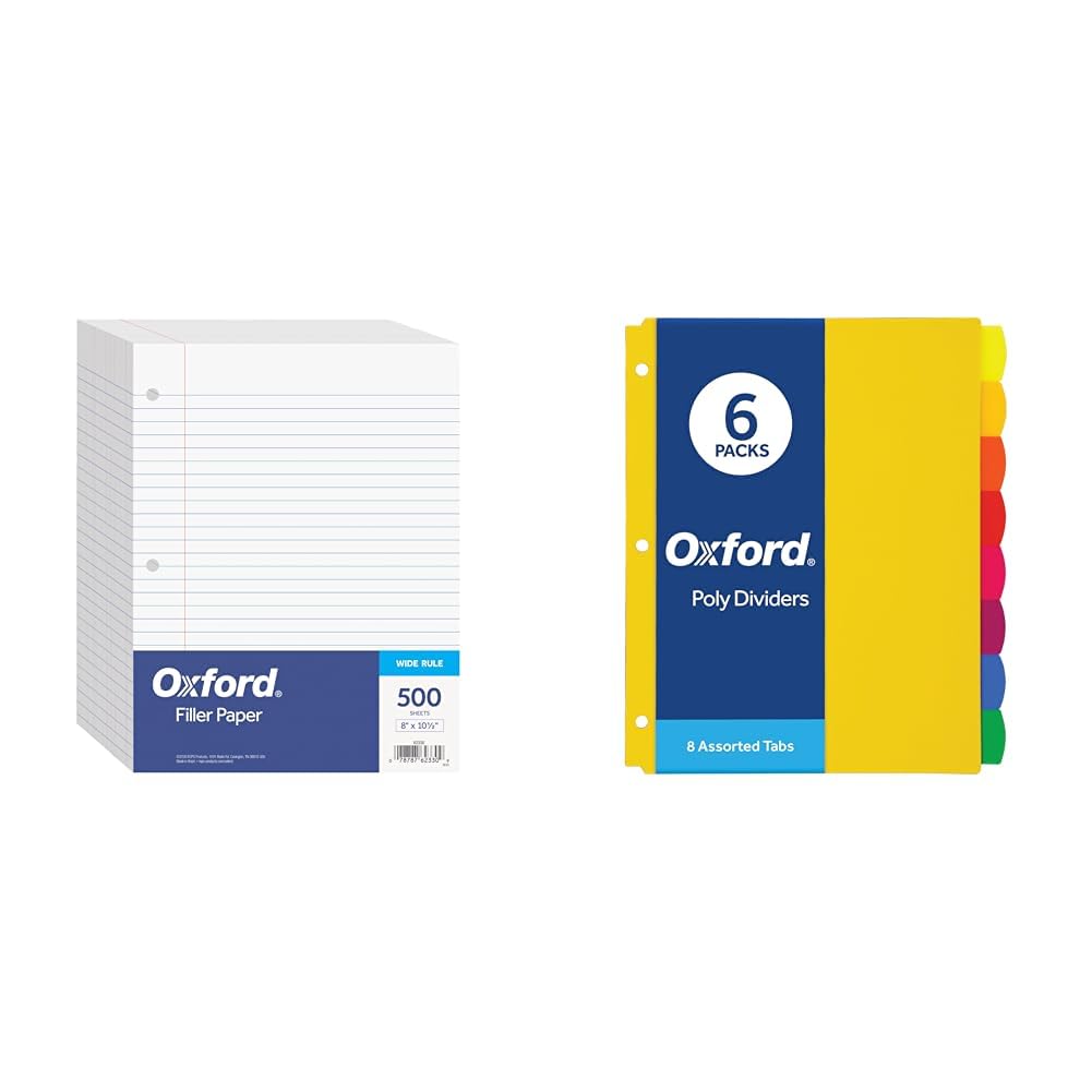 Oxford Filler Paper 500 Sheets, Binder Dividers 8 Tab 6 Sets for 3 Ring Binders