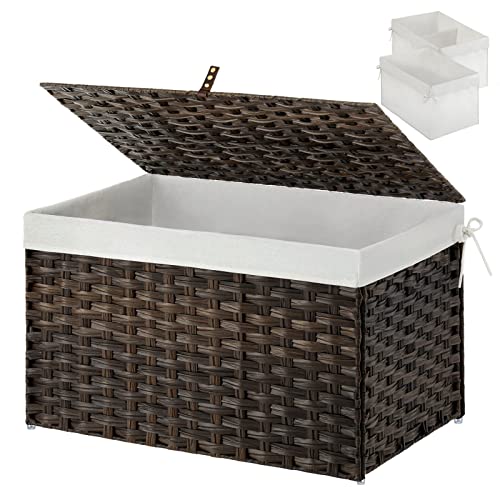 GREENSTELL Aufbewahrungskorb mit Deckel, Handgewebter großer Regalkorb mit Baumwolleinsatz und Metallrahmen, Aufbewahrungsbox Korb Mülleimer mit Griff für Schlafzimmer, Waschküche Braun 65L Cover