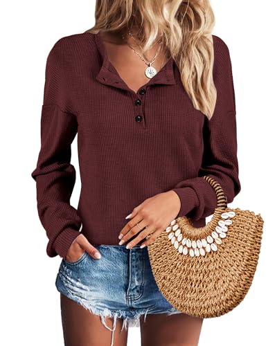 Image of AURUZA Long Sleeve Shirts for Women Henley Shirts Waffle Knit Tops Casual Loose V Neck Tunic Tops Fall Outfits Waffle TShirt