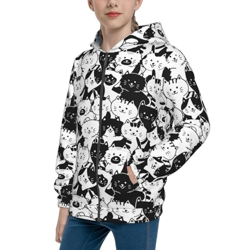 Cute Cat Illustration Kid Hoodies Boys Zip Up Sweatshirts Girls Pullover with Pocket