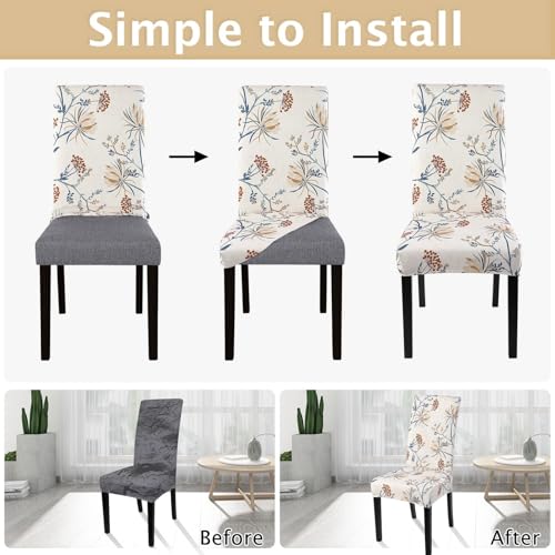 Image of SearchI Printed Dining Room Chair Covers Set of 6, Stretch Kitchen Chair Covers Washable Parsons Chair Slipcover Removable Dining Chair Protectors for Hotel,Ceremony(Elegant Blossom)