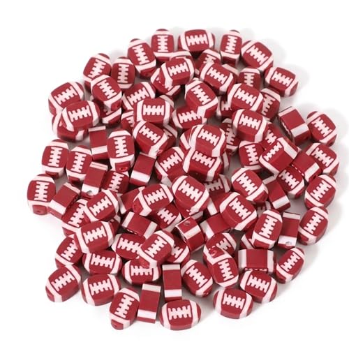 100Pcs Football Soft Clay Bead Kit Sports Spacer Beads for DIY Clips Pins Bag Decorations Keychains Bracelets Wristlets Necklaces Earrings Football Accessories and Cheer Stuff (Red White)