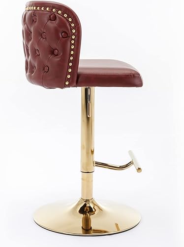 Miniatura 9 de Juego de 2 taburetes de bar de cuero, taburetes de bar giratorios de altura ajustable con botón trasero copetudo y patas de metal cromado dorado,