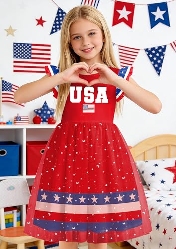 Image of Girls 4th of July Dress American Patriotic Outfit USA Independence Day Clothes Flutter Sleeve Tulle Tutu Dress 5-14y