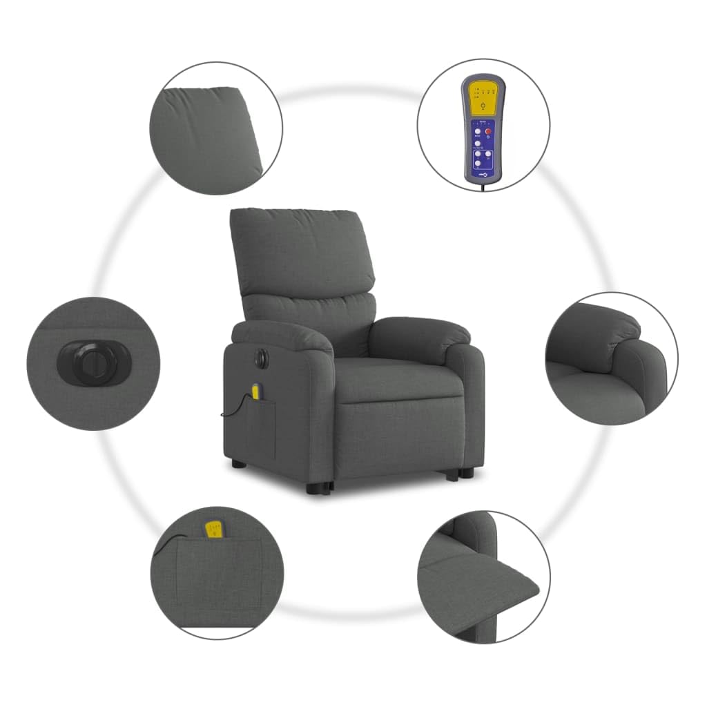 Sillón elevador eléctrico con masaje reclinable gris oscuro de tela con 6 puntos de vibración y función de elevación para ancianos, cómoda y estable