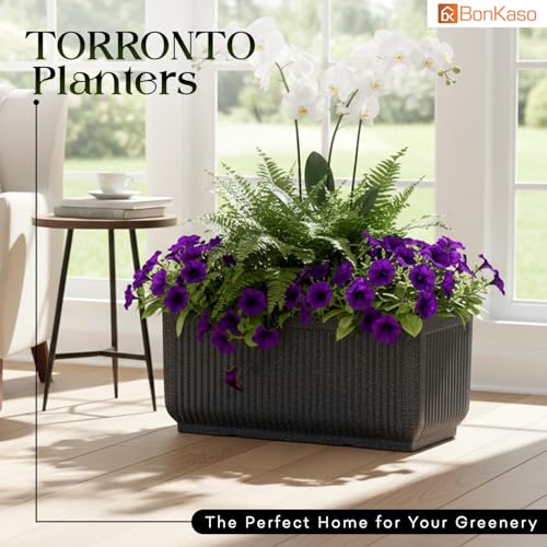 Image of BonKaso 24 Inch Window Planter for Indoor & Outdoor | Heavy Duty Durable Polymer Flower Pot Gamla | Lightweight Rectangular Modern Planter for Balcony, Terrace, Living Room & Office Decor (Dark Grey)