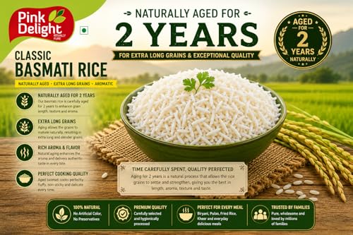 Image of Pink Delight Classic Basmati Rice 800g | 2 Year Naturally Aged Rice | Extra Long Grain Aromatic Biryani Rice | Premium Non Sticky White Rice for Pulao Fried Rice & Daily Meals