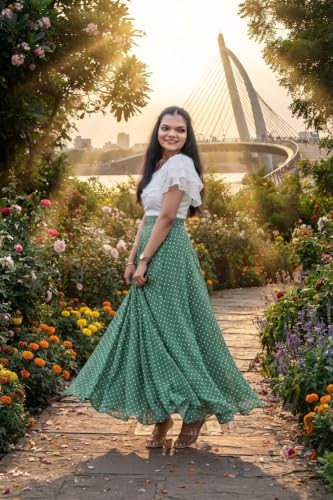 Image of Women's Lycra Top with Georgette Skirt | Polka Dot Print Long Flared Maxi | Full Length Flowy Skirt for Women | Stylish Casual Wear