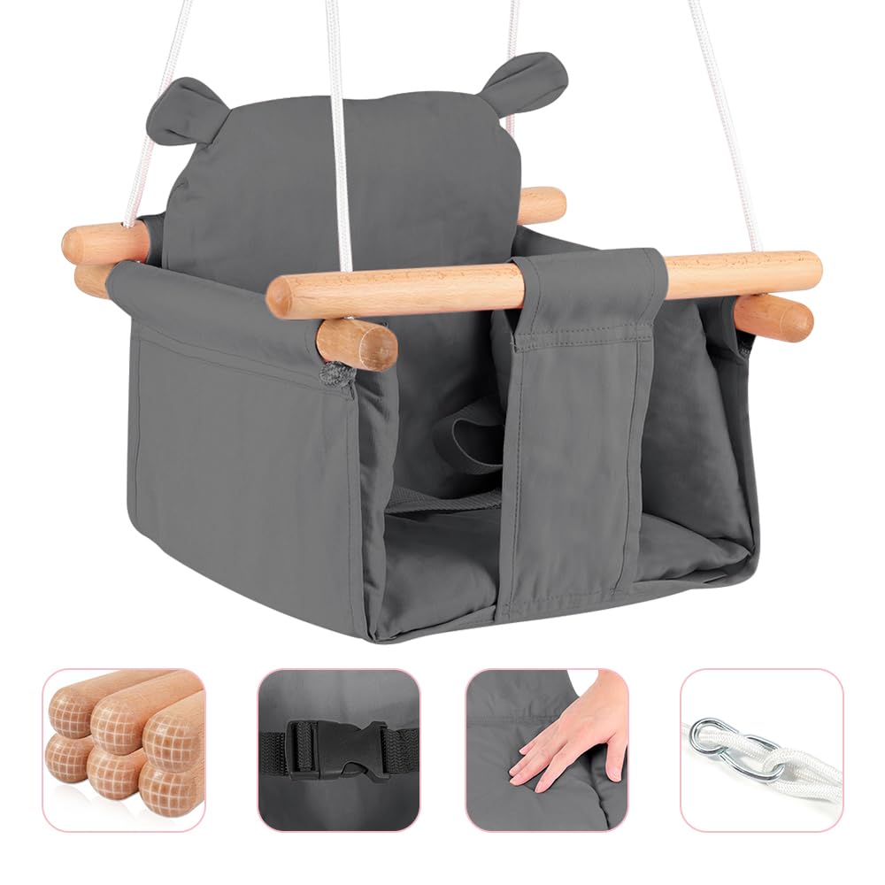 Homewell - Columpio interior para bebé y niños, asiento columpio de madera y algodón para bebé, columpio escandinavo para desarrollo vestibular, Baby Swing (gris oscuro)