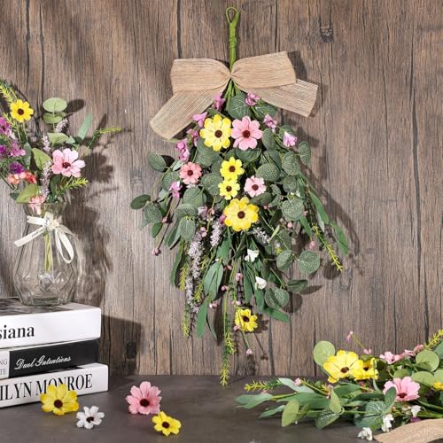 22" Artificial Spring Summer Swag Wreath 2Pcs Spring Summer Floral Teardrop Swags for Front Door Farmhouse Kitchen Cabinet Wreaths with Ribbon Faux Flowers Hanging Wreaths for Porch Wall Window Decor - Image 3
