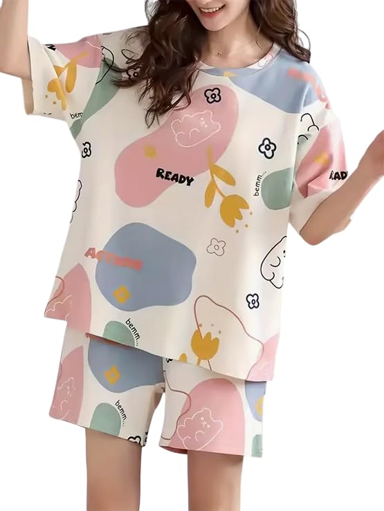 Women's Cotton Blend Pajama Set, Short Sleeve T-Shirt and Shorts, Cute Bear Print Nightwear