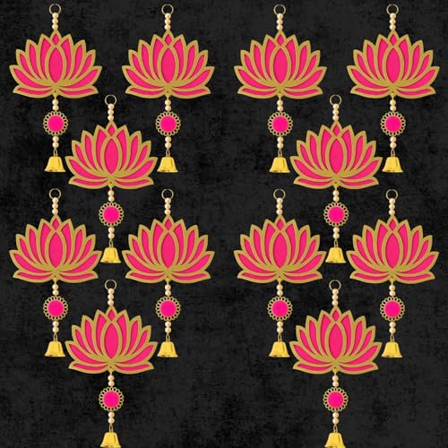 Image of ARLICORPING Wooden Lotus Wall Hanging for Festive Decoration - Diwali, Ganpati, Pooja Room, Mandir, Living Room, Door, Hall, Entrance, Spiritual Decor (Lotus + Bell-Pink, Pack of 12)