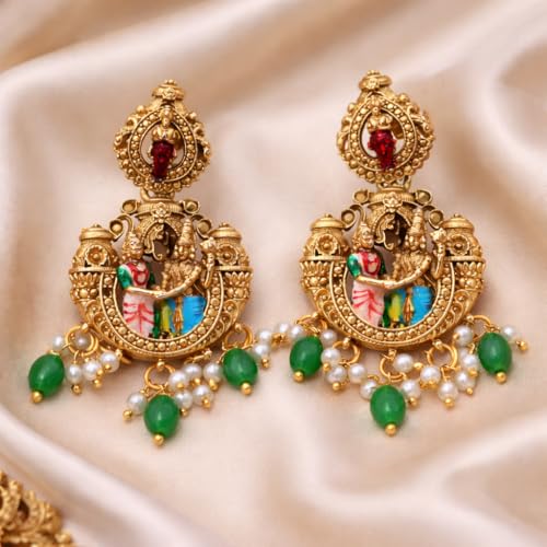 Image of Premium Sita Ramam Temple Jewellery Long Haram Set for Women | Antique Gold Plated Bridal Necklace with Rama Sita Lakshmi Motifs & Pearl Danglers | Traditional South Indian Wedding Jewellery with Matching Earrings