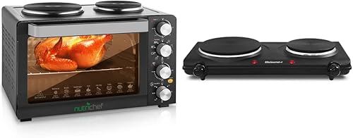 Horno de convección de cocina de 30 cuartos de galón y Elite Gourmet EDB-302BF quemador plano dual, quemador caliente eléctrico, controles de