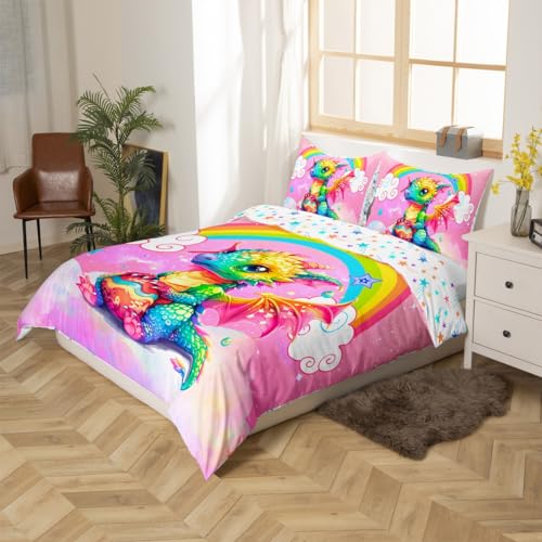 Loussiesd Kids Dragon Duvet Cover Double Size Cartoon Dragon Egg Print Bedding Set Rainbow Comforter Cover Set Pink Nebula Bedspread Cover Mysterious Outer Space Quilt Set including 2 Pillow Case 3PCS - Image 3