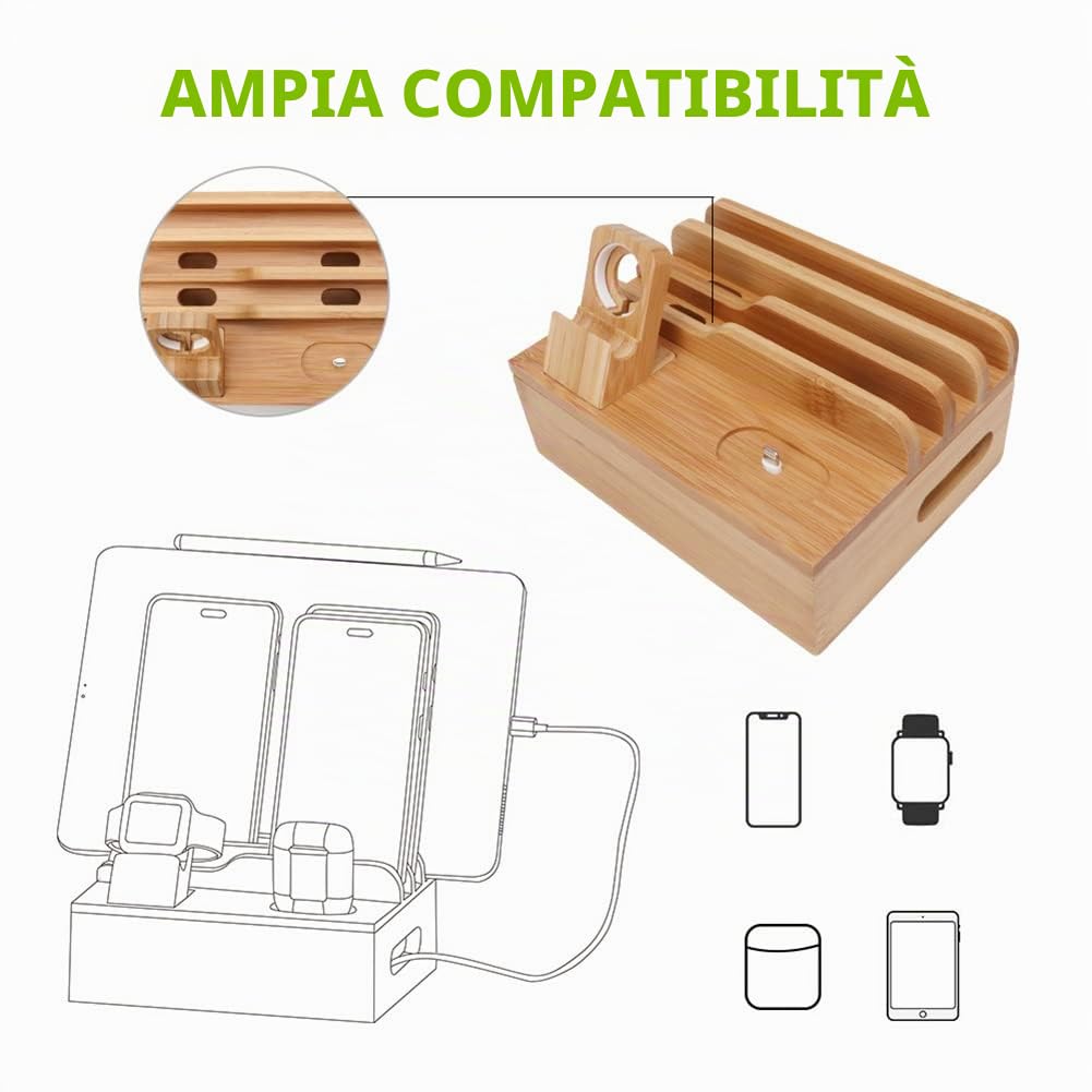Stazione di Ricarica in Legno, Organizzatore di Docking Station da Tavolo in Legno Organizer di Ricarica per Dispositivi Multipli - Cellulari Tablet Auricolari Auricolari (Solo Stazione)