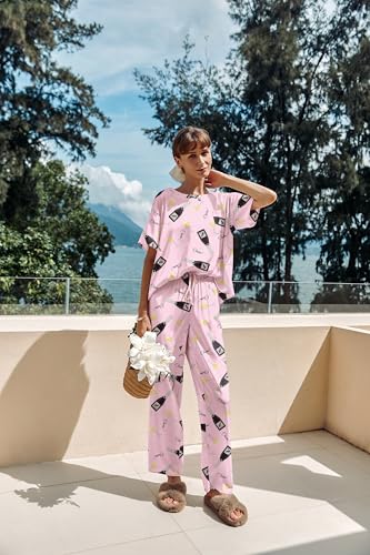 Image of Ekouaer Womens Satin Silky Pajama Set Short Sleeve Shirt with Long Pajama Pant Set Soft PJ Loungewear