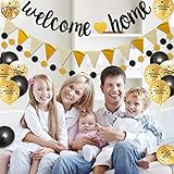 Welcome Home Decorations, Welcome Home Banners Balloons Set,Black Gold Glitter Banner,Pennant Flag Bunting,Confetti Balloon,Round Garland for Family Boy Girl Baby Showers - Image 6