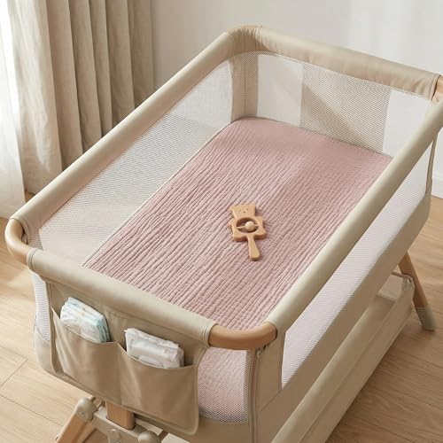 Image of Muslin Bassinet Sheet Compatible with Mika Micky & Baby Delight Bedside Sleeper - 100% Cotton Rectangular Mattress Pad Cover (35 inchx20 inch), Breathable & Soft, Boho (1 Pack Pink)