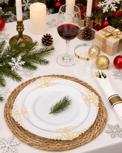 Nervure 175PCS White and Gold Plastic Plates - Disposable Dinnerware Set Include 50 Gold Plates for Dinner and Dessert, 75 Cutlery, 25Cups 25Napkins for Wedding & Party & Thanksgiving - Image 6