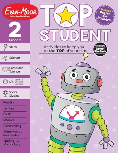 Evan-Moor Top Student Grade 2 Full-color Workbook, Stickers, STEM, Reading, Writing, Science, SEL, Social Studies, Mindful Moments with Audio Support
