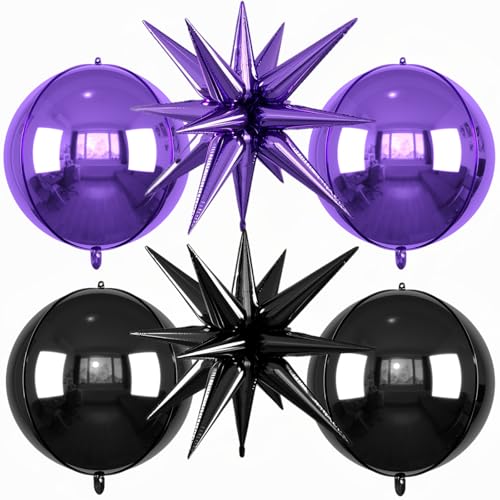 Image of 6pcs 22 inch Black Purple Star Balloons and 4D Large Foil Balloons, Black Foil Star Balloon Purple 4D Aluminum Balloon For Birthday Baby Shower Halloween Theme Party Wedding Graduation Decorations