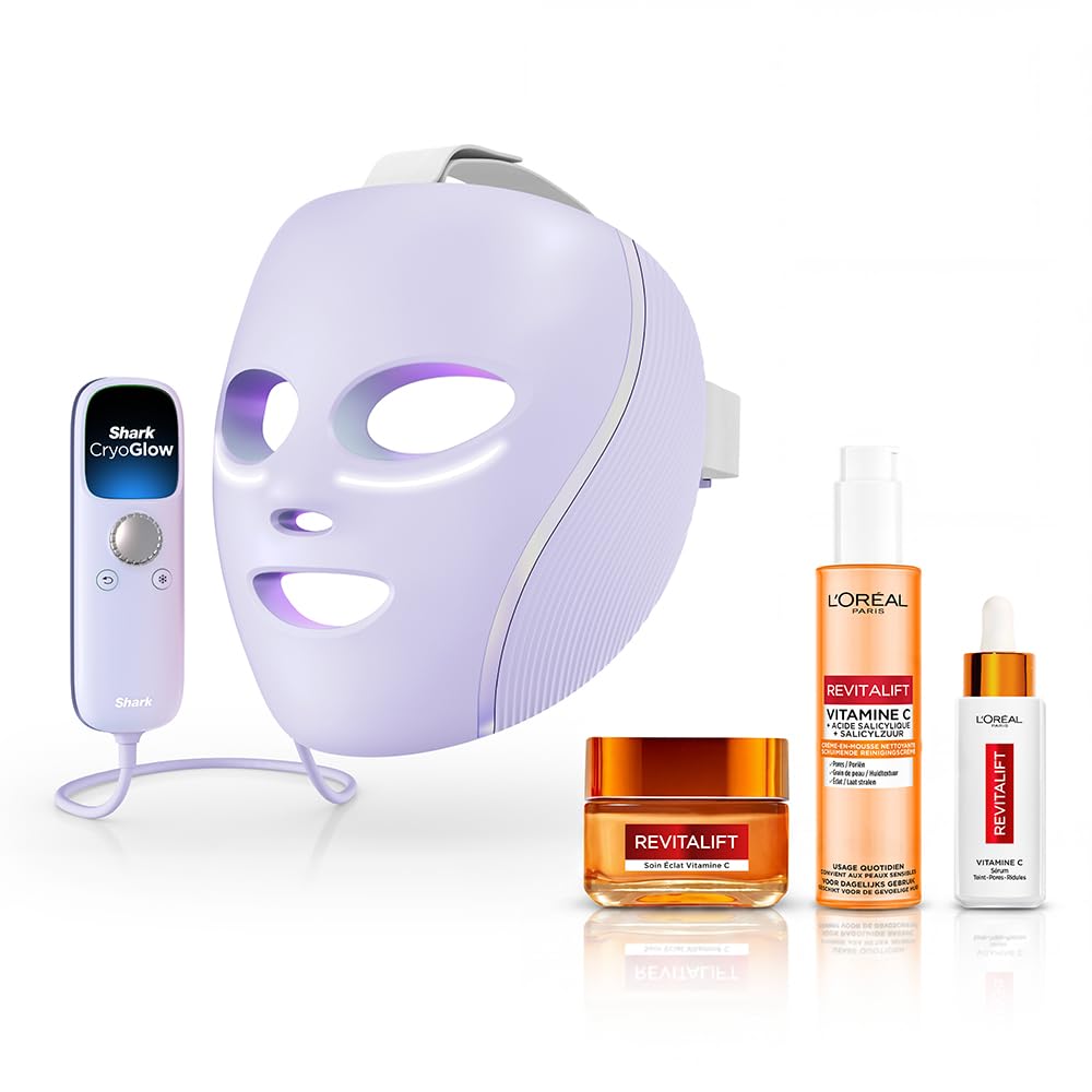 Shark Cryoglow x L'Oréal Paris – Routine de soin du visage - Masque LED avec technologie de refroidissement du contour des yeux + Coffret Revitalift Clinical Vitamine C (nettoyant, sérum, soin)