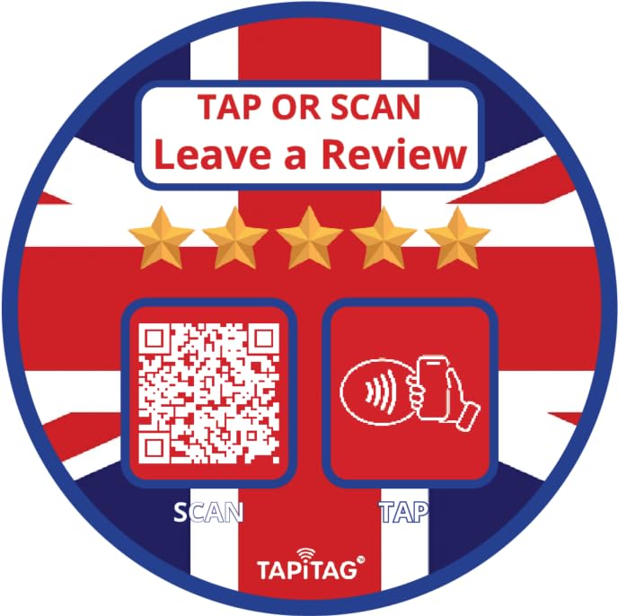 TAPiTAG Google Review Sign with NFC & QR Code - NO Subscription – Tap or Scan to Leave a Google Review, Contactless Review Sign, No App Needed, Works with iPhone & Android (PVC UK Flag, 70mm)