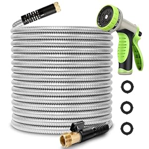 50FT Metal Garden Hose 304 Stainless Steel Flexible Water Hose – No Kink & Tangle Heavy Duty Pipe with Nozzle, Durable 3/4 Brass Fittings and Valve – Rust Proof Puncture Proof for Yard Lawn
