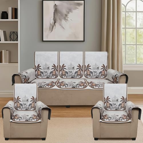 Image of Velvet Single Seater Sofa Cover with 2 Seat and Back Covers, 2 Hand Rest Covers - Elephant dome Design - Washable Fabric - Stylish Sofa Cover for Modern Living Room (Beige, 1 Seater With Arm Covers)
