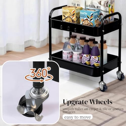 Image of 2 Tier Metal Rolling Utility Cart with Wheels Under Desk Storage Cart with Handle, Roll Around Organizer Trolley for Small Space Pantry Bathroom Home Kitchen Office Snack Baby Supplies, Black