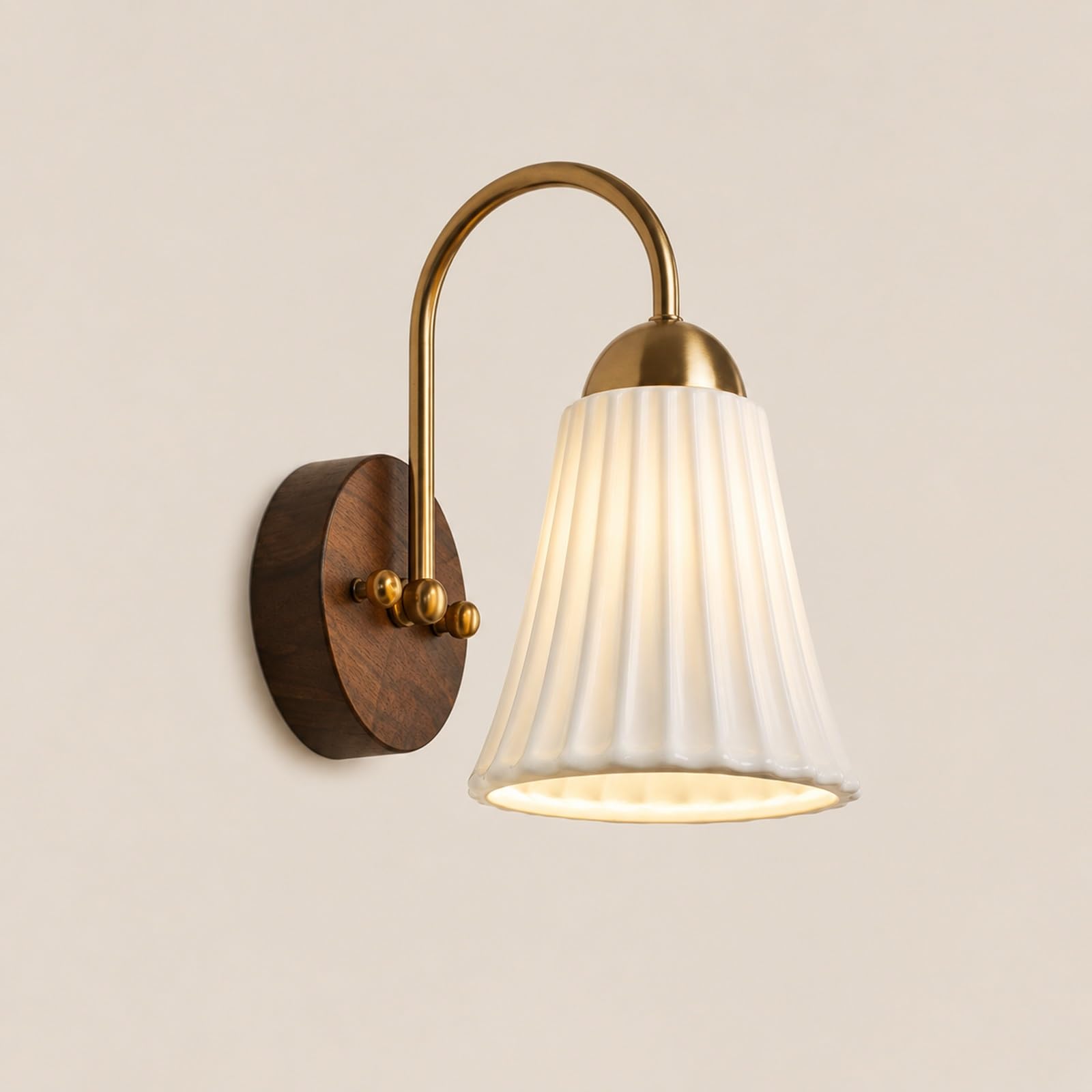 ITOSUI White Ceramic Wall Light Vintage Gold Wall Sconce Milk Porcelain Lampshade Wood Base, Retro Sconces Wall Lighting Fixture, Living Room Wall Lights Bedroom Bedside Lamps
