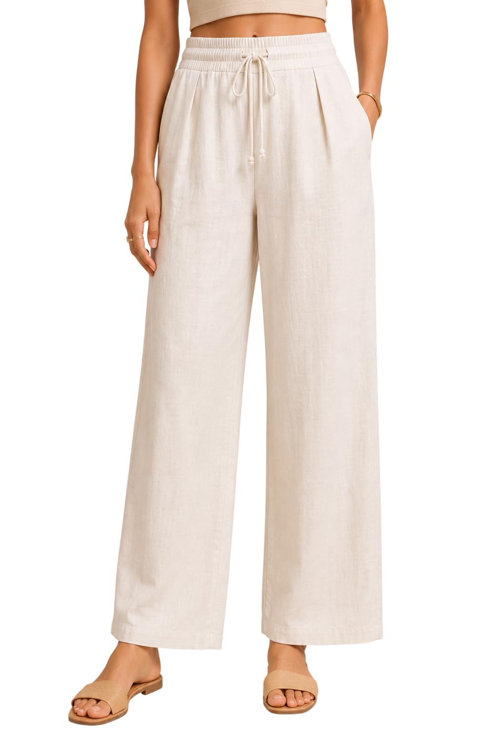 Women's Linen Blend Drawstring Pants, Off White, Relaxed Straight Fit, Elastic Waist, Casual Office Wear-image-19