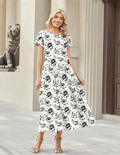 Image of Zeagoo Summer Dresses for Women 2026 Maxi Bohemian Floral Short Sleeve Long Dress Casual Flowy Tired Beach Sundress