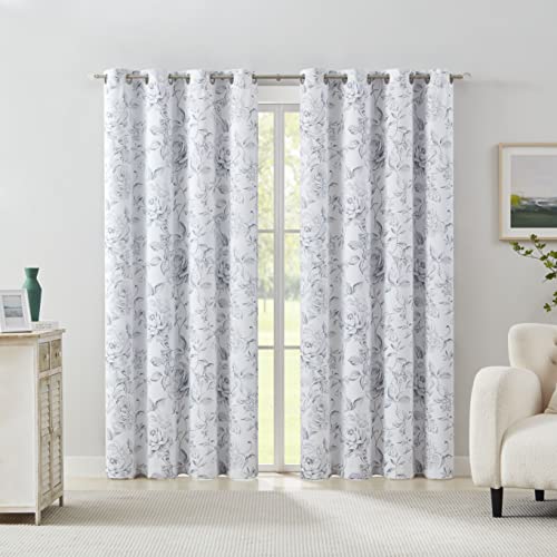 Beauoop Boho Floral Full Blackout Window Curtain Panels 100% Room Darkening Thermal Insulated Noise Reducing Drapes For Bedroom/Living Room Rose Grommet Window Treatment,Set Of 2, 50W X 84L,White/Gray #TOP27