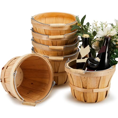6 Pack Round Wooden Fruit Baskets Small Bushel Apple Buckets with Handle Display Buckets for Gifts Empty Easter Spring Winter Basket for Fruits Vegetables, Home Party Supplies