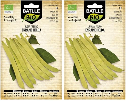 Graines Bio de Batlle - Haricots à rames Helda (28-70 graines), Blanche,Vert (Lot de 2)