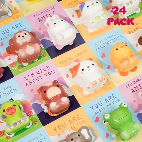 Valentines Day Gifts for Kids, 24 Packs Valentines Cards with Animal Squishy Toys, Valentine Exchange Gifts for Classroom School Party Favor, Valentine's Cards for Kids Toddlers Boys Girls