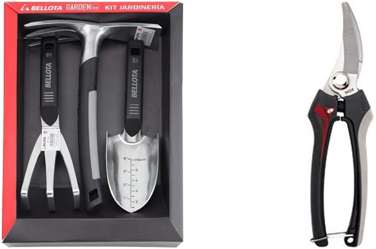 Bellota 3076 – Herramientas de jardín: trasplantador, cultivador y azuela Horquilla + 3622 INOX – CE MB – Tijera Recolectora