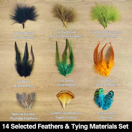 EUPHENG Fly Tying Materials Kit 14 Types of Feathers, Dubbing & Hooks, UV Dyed Hackle Feathers Starter kit for Tying Fly Fishing Flies, Perfect for Tails & Wings, Easy to Tie Fly Tying Kit
